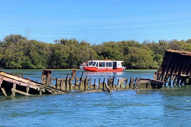 Wrecked hulks in the ships' graveyard, a cruise boat passing behind them
